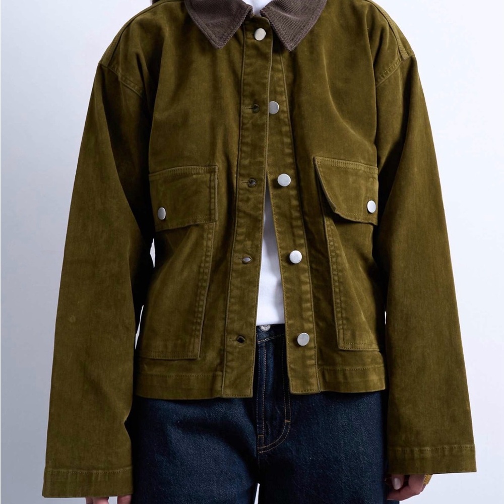 Topshop Olive Green Corduroy Utility Jacket with Brown Collar - Picture 2 of 5